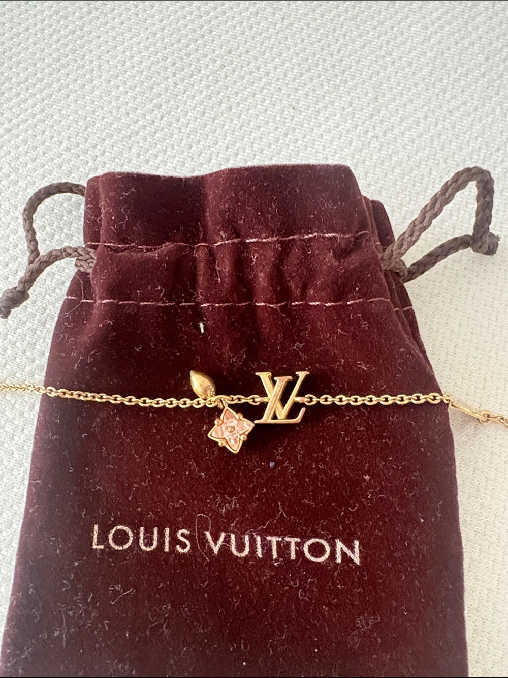 Louis Vuitton Gold Chain Bracelet with Pink Flower Charm